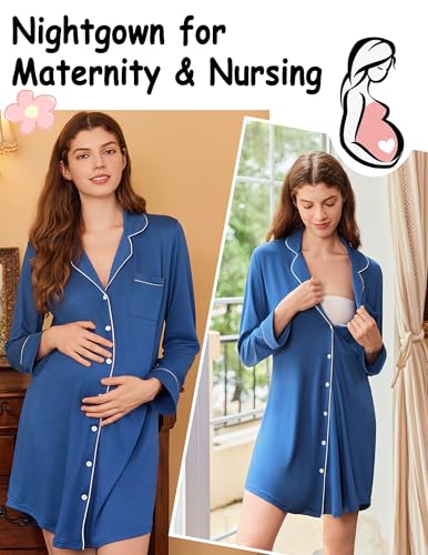 Image of Ekouaer Nightgowns for Women Long Sleeve Night Gown Button Pajama Dress