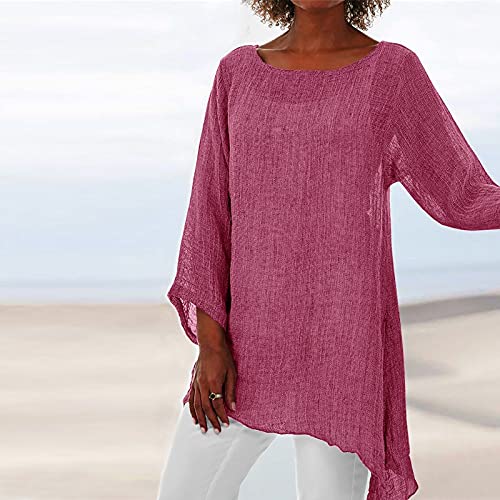 Ekousn Long Shirts For Women，Autumn Fashion Solid Color O-Neck T Shirts Tunics Dressy Polyester Long Sleeve Blouses T Shirts Asymmetrical Tops For Women Plus Size Sexy Tops(Pink,Xx-Large) #TOP1