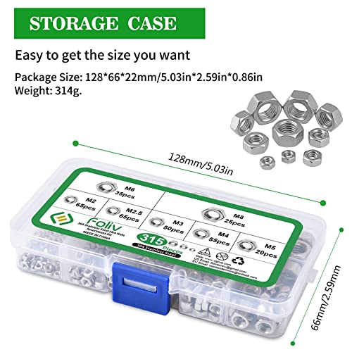 Foliv 315Pcs Stainless Metric Hex Nuts Assortment Kit - Thread Hex Nuts For Screw Bolt - M2 M2.5 M3 M4 M5 M6 M8 Sizes #TOP4