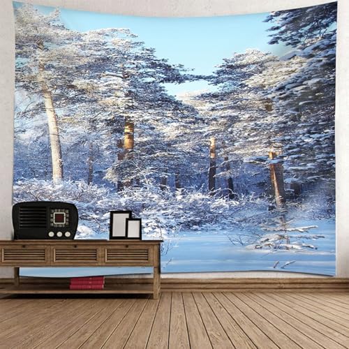 Tenture murale thème hivernal forêt : grand tissu de décoration pour chambre