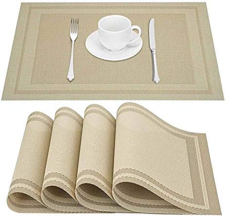 GIVERARE Placemats Set of 4, Heat-Resistant Woven Vinyl Placemat, Non-Slip Washable PVC Table Mat, Easy to Clean Premium Plastic Table Mats for Dining Table, Kitchen Table (Beige)