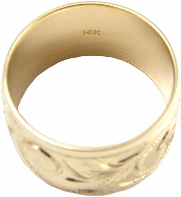 14K yellow gold hand engrave Hawaiian plumeria scroll band ring smooth edge 10mm size 2 to 14