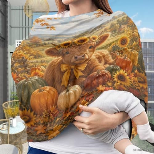 Image of Wanyint Car Seat Covers Baby Car Canopy Shopping Cart Scarf Lightweight Stroller Cover Women Mother Nursing Breastfeeding Covers Fall Decoration, Highland Cow Pumpkin Fall