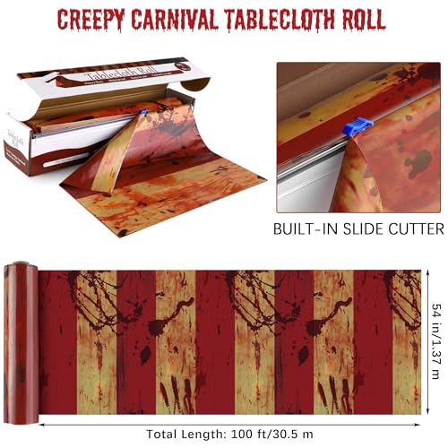 Image of Kochorie 100 Ft x 54 Inch Creepy Carnival Tablecloth Roll with Cutter Box Plastic Table Cover Roll Halloween Bloody Circus Tent Backdrop for Halloween Party Circus Clown Room Wall Decorations