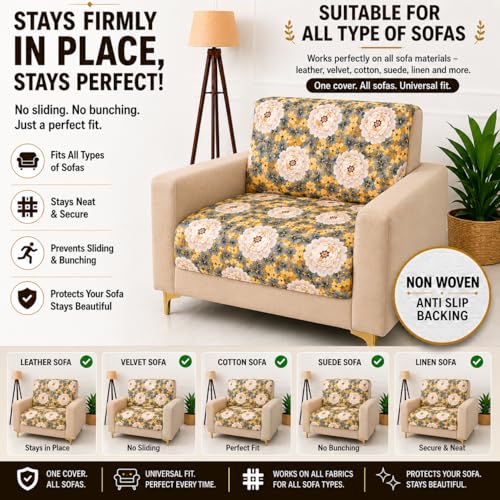 Image of Homerz Premium Printed Quilted Velvet Sofa Slip Cover Protector with Tassels, Sofa Mat, Exact Size, Antislip Cover (Antique Garden, 1 Seater, Full)