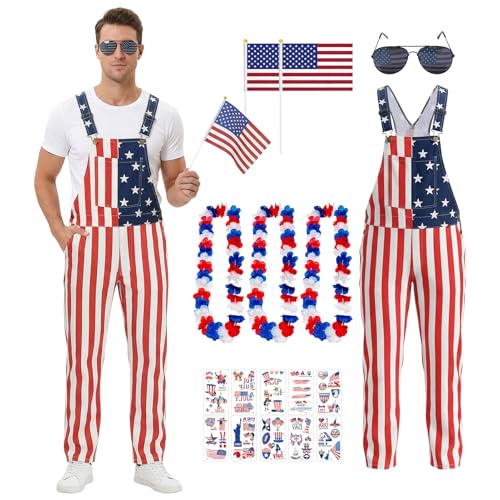 Essestim American Flag Overalls Men,2 5 0 Anniversary Romper 4th of July Denim Red White and Blue with Glasses Flags & Accessories (Long Overalls, Large) by Essestim - Used condition - US$41.79