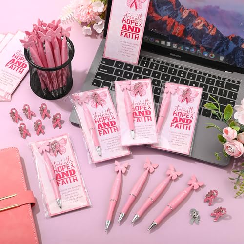 72 Set Breast Cancer Awareness Gift Include No One Fights Alone Pens Pink Ribbon Butterfly Pin Faith Inspirational Card Breast Cancer Awareness Supplies Be Aware Survivor Gift4