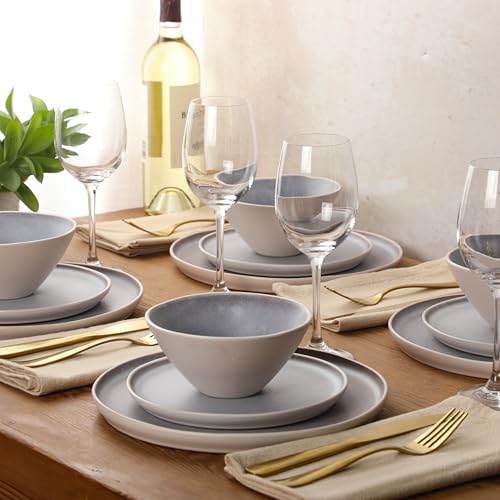 Image of Gibson Elite Coastal Forest Plates and Bowls Sets, 12-Piece Stoneware Dinnerware Sets, Triple Reactive Glaze Dish Set - Light Grey and Cream White