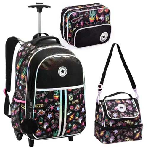 Kit Material Escolar Juvenil, Mochila de Rodinhas + Lancheira Térmica Transversal + Estojo com Compartimento, Menina, Estampado (Stickers Neon - Preto)