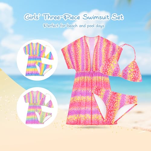 POWER FLOWER Mädchen 3-teiliges Badeanzug-Set, Bikini-Set mit Coverup zum Schwimmen, Zweiteiliger Badeanzug mit Coverup für Mädchen von 4 bis 16 Jahren (10-12 Years, LA725-Pink)