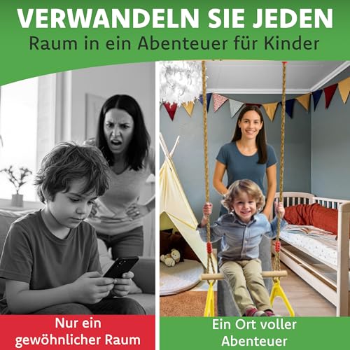 Premium 2in1 Trapez Schaukel für Kinder Indoor -Outdoor, mit Turnringe aus Kunststoff und Schaukelbrett aus Holz-Höhenverstellbar und belastbar Kletterspaß Für Garten oder Zuhause