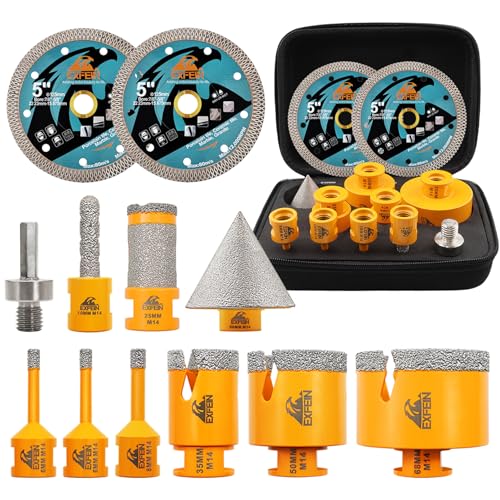 Foret Diamant Carrelage Kit 12 pièces - EXFEIN Scie Cloche 6/6/8/25/35/50/68mm+10mm Mèches à doigts+50mm Mèches Chanfrein Biseautée+Adaptateur + 2pcs 125mm Disque...