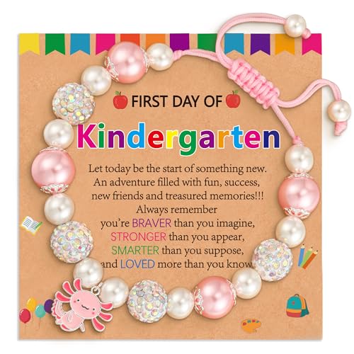 Back to School First Day of Kindergarten Bracelets Gifts Stuff for Girls Kids, Adjustable Axolotl Charm Pearl Bracelet Jewelry Gifts for Daughter Granddaughter