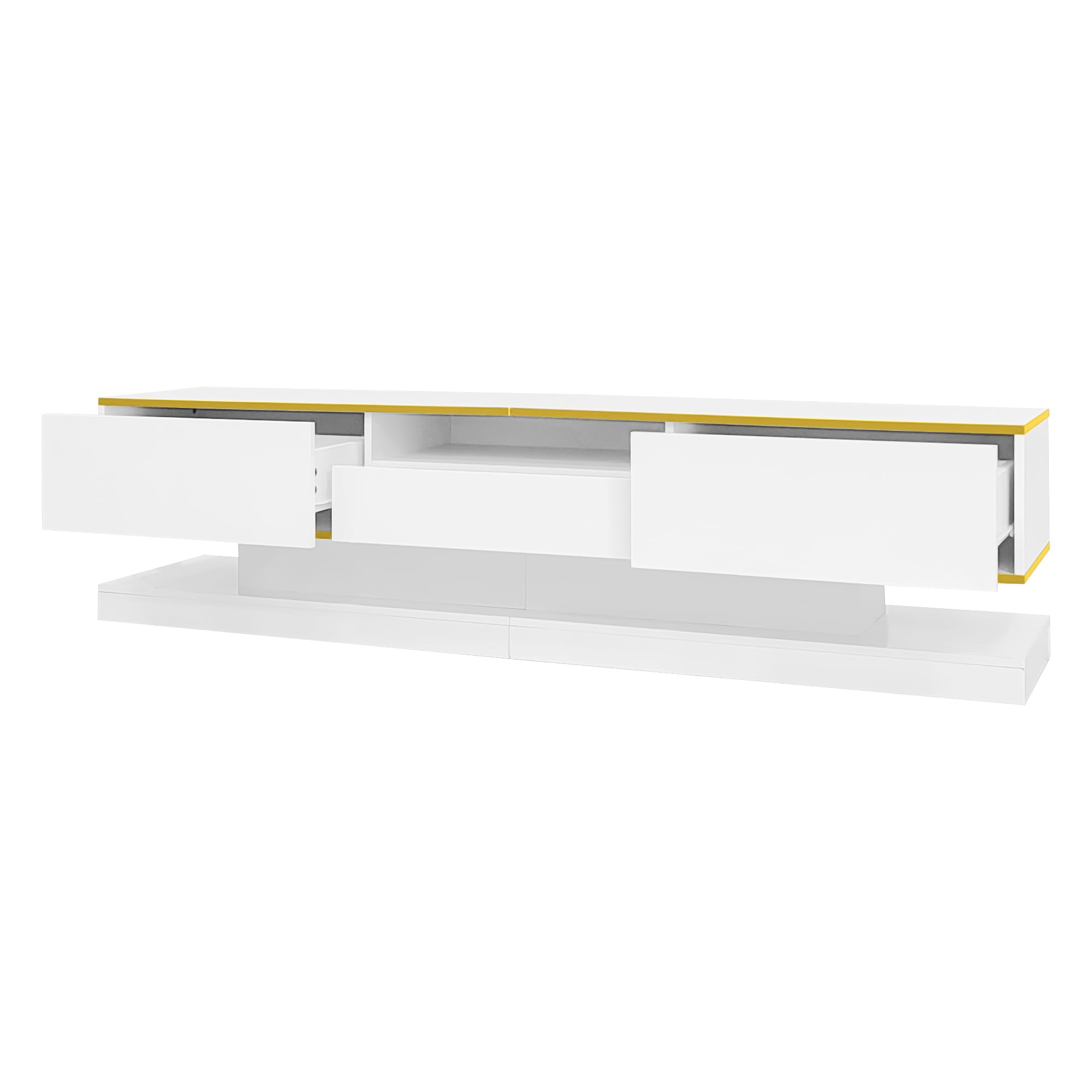 Mueble de TV moderno con tres cajones y un compartimento abierto, brillante con luces LED que cambian de color, 180 x 38 x 45 cm (blanco)