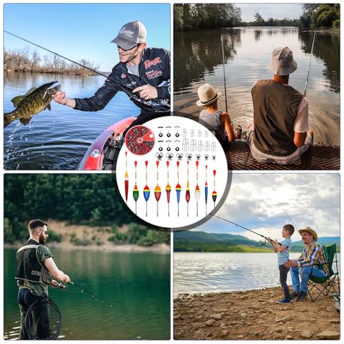 Fzyisw Posen Angeln Set, 10 Stück Schwimmer Angeln, 54 Angelblei, 6 Gummistopper-Angeln, 20 Wirbel-Angeln, Angelposen Angelzubehör Set 0.6g/0.8g/1.2g/2g/2.5g/3g/4.5g Angelposen Fishing Posen Set