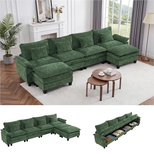 Image of IPKIG 151 inch Modular Cloud Couch with Storage, U Shaped Sectional Sofa with Ottoman & Pillow, Chenille Deep Seat Sectional Couches for Living Room, Apartment, Green