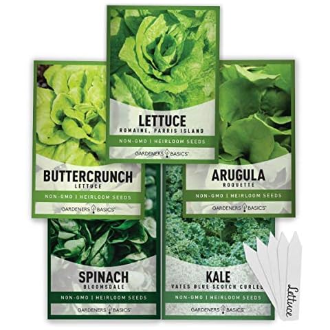 Lettuce and Greens Heirloom Vegetable Seed Non-GMO Seeds for Planting Indoors and Outdoor 5 Packs - Lettuce Buttercrunch, Romaine, Arugula, Kale and Spinach By Gardeners Basics Cover