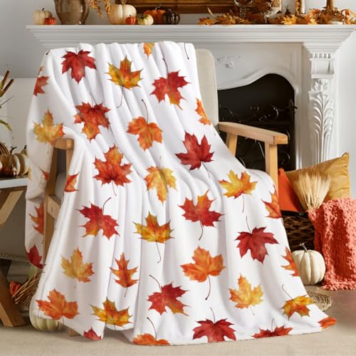 Tupmnbry Fall Maple Leaf Throw Blanket Autumn Leaf Blanket Autumn Thanksgiving Decor Super Soft Flannel Throw Blanket Lightweight Fluffy Plush Fuzzy Bed Blanket for Bedding Sofa and Travel 50"X60"