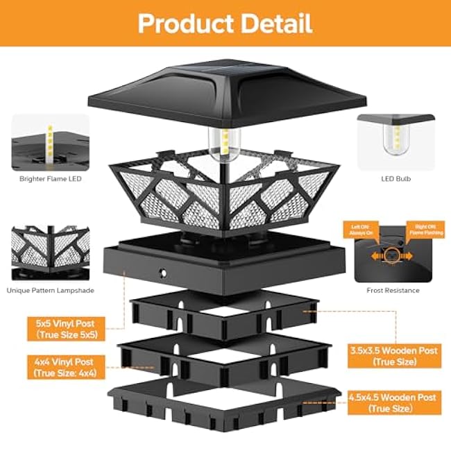 LETMY Solar Flame Post Cap Lights 2 Pack, 2 Modes Flickering Flame Outdoor Fence Post Solar Lights Waterproof for Garden Yard Fence Deck Patio Decor, Fits 4x4, 4.5x4.5, 5x5 Vinyl/Wooden Posts
