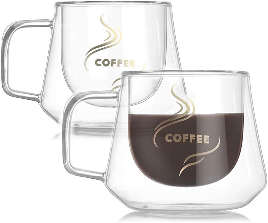 Nord Insulated Coffee Mugs 7 oz Set of 2, Double Walled Coffee Cups with Handle, Clear Glass Tumbler Cups for Latte Tea Cappuccino Espresso