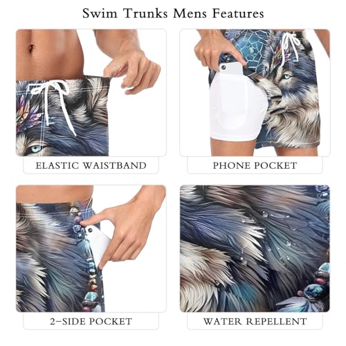 Dreamcatcher Wolf Mens Swim Trunks with Liner, Cool Quick Dry Beach Swim Shorts, Swimwear Bathing Suits S3