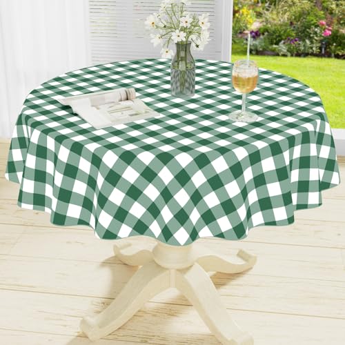 Image of misaya Round Waterproof Vinyl Table Cloth, Buffalo Flannel Backed Tablecloth, Wipeable Plastic Table Cover for Dinner, Kitchen, Picnic (60 inch, Emerald Green and White)