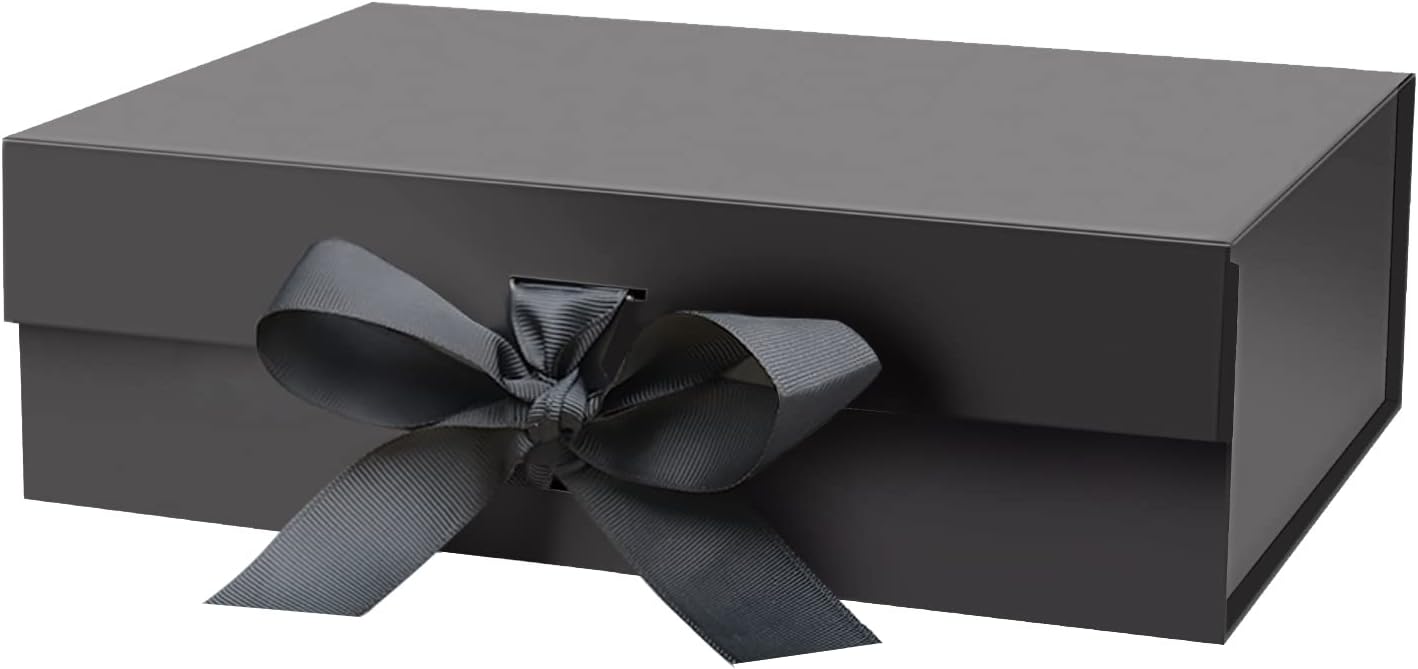 DaiUni 10.5"X7.5"X3.1" Black Magnetic Gift Box with Lid and Ribbon for Presents