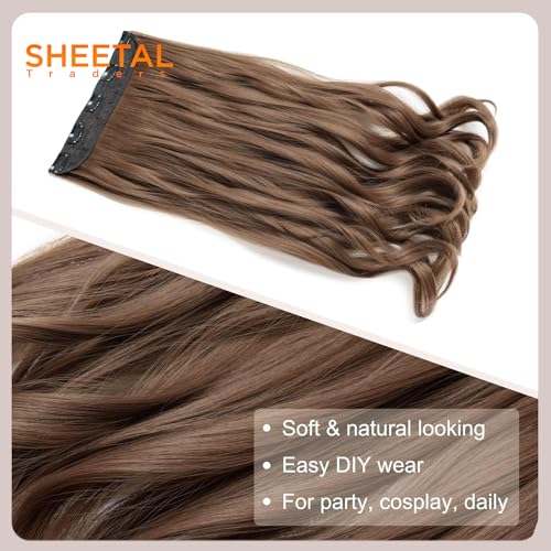 Image of Chaam 26-Inch Cotton Lace 3 /4 Full Head Clip in Synthetic Hair Extensions, One Piece Clip in Hair Weft with 5 Clips Half Head Wavy Hairpiece for Daily Use (Golden Brown, 170 Gram)
