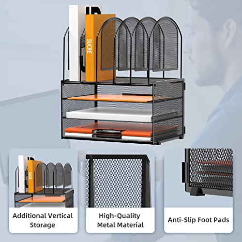 Daltack Paper Desk Organizer, 3-Tier Letter Tray With 5 Vertical File Holders, Multifunction Desk Organizer, Desktop File Folder Organizer, Desk Organizers And Accessories For Home Office, Black #TOP3