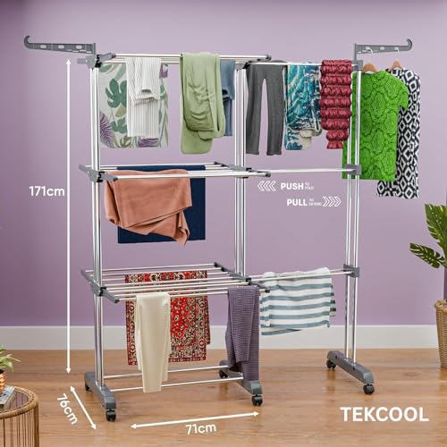 Image of TEKCOOL Expandable Clothes Drying Stand for Home|Cloth Dryer Stand with Wheel|Cloth Stand for Drying Clothes Foldable|Stainless Steel Clothes Hanging Stand|Cloth Rack for Balcony(3 Layer, Grey);
