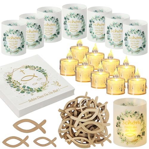 VIRETH HAUS 12 Konfirmation Windlicht Tischdeko + 12 LED Kerzen + 24 Firmung Servietten + 45 Holzfische Streudeko Party Deko Eukalyptus Grün Junge Mädchen Tischdeko für Feier Firmung Kommunion