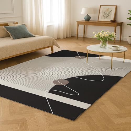 ARUGYTEI Alfombra de decoración, 120 x 160 cm, Moderna Geometría Abstracto Negro Blanco Beige, Alfombra Pelo Corto Sala Dormitorio, Mesa Sillas Comedor Decoración,
