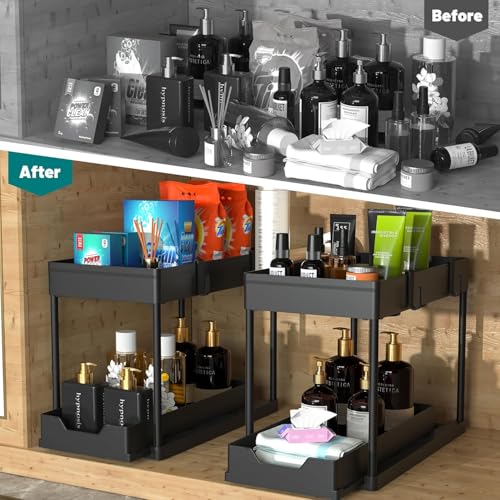 Image of E-COSMOS 2-Tier Under Sink Organizer - Pull Out Cabinet Storage with Hooks & Hanging Cup, Multi-Purpose Under Bathroom Sink Organizer and Storage, Kitchen Cabinet Organizer,(Black)