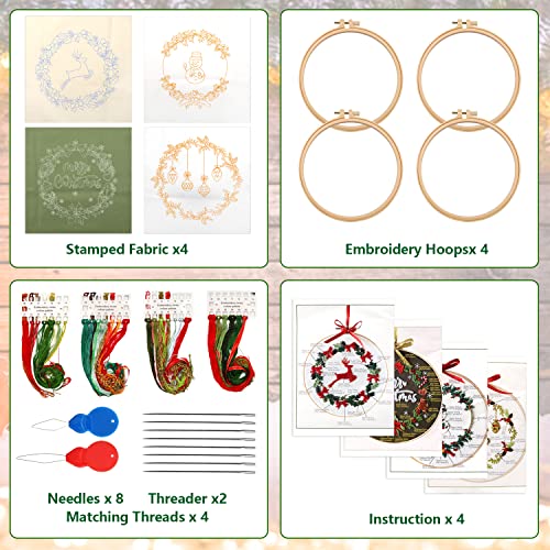 Suprbird Christmas Embroidery Kit For Beginner, 4 Sets Cross Stitch Kits For Adults With Christmas Pattern,Hand Diy Stamped Embroidery Starter Kits With Embroidery Fabric,Embroidery Hoops And Threads #TOP2