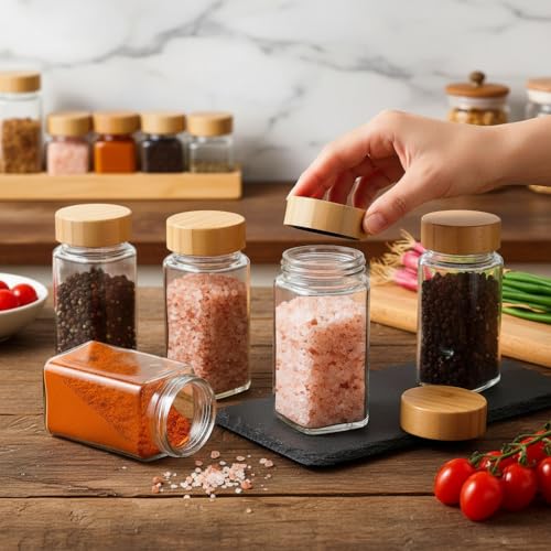 Image of WHISKET - 100 Ml Multipurpose Spice Jars Set With Bamboo Lids | Square Spice Jars Set| Moisture-Resistant Masala, Herbs & Seasonings Storage Containers. (8)