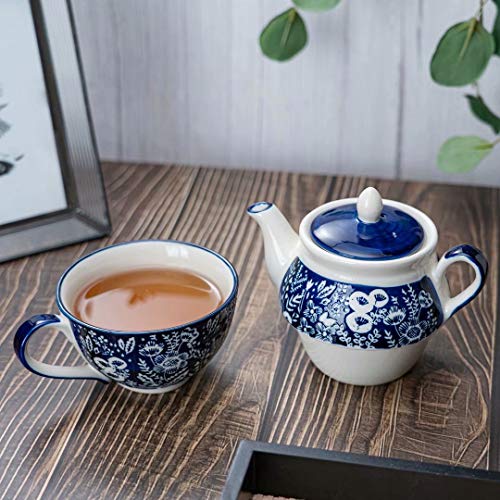 Taimei Teatime Hand Painted Tea for One Set, Ceramic Tea Pot(11 fl oz) and Cup Set with Infuser for Loose Leaf Tea, Blue and White - Thumbnail 6
