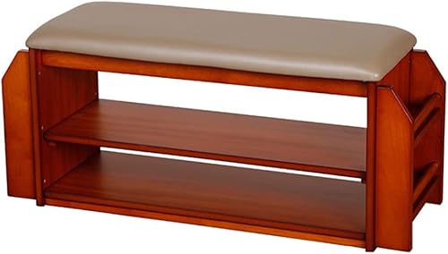 BOLOKA Taburete para entrada cambiador de zapatos con asiento acolchado 2 estantes banco de almacenamiento de piel sintética banco de cama taburete