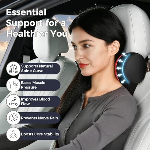 Image of Coverado Car Headrest Pillow, Ergonomic Memory Foam Car Neck Pillow for Driving Seat with Adjustable Strap, Soft PU Leather Breathable Removable Cover Neck Support for Neck Pain Relief, BlackRed