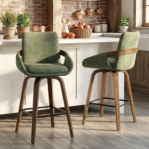 Counter Height Swivel Bar Stools Set of 2 26 Linen Fabric Counter Stools with Walnut Bentwood Back Cozy Mid-Century Modern Swivel Bar Stools for Kitchen Island & Home Bar Seating Moss Green