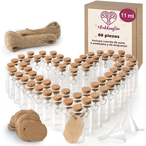 WeddingTree 60 x 11ml Botella de Vidrio Mini - Set de Mini Botellas de Cristal con Corcho y Llavero de Corazón - para Invitados Bodas, Decoración, Frasco para Especia WeddingTree 60 x 11ml Botella de Vidrio Mini - Set de Mini Botellas de Cristal con Corcho y Llavero de Corazón - para Invitados Bodas, Decoración, Frasco para Especia