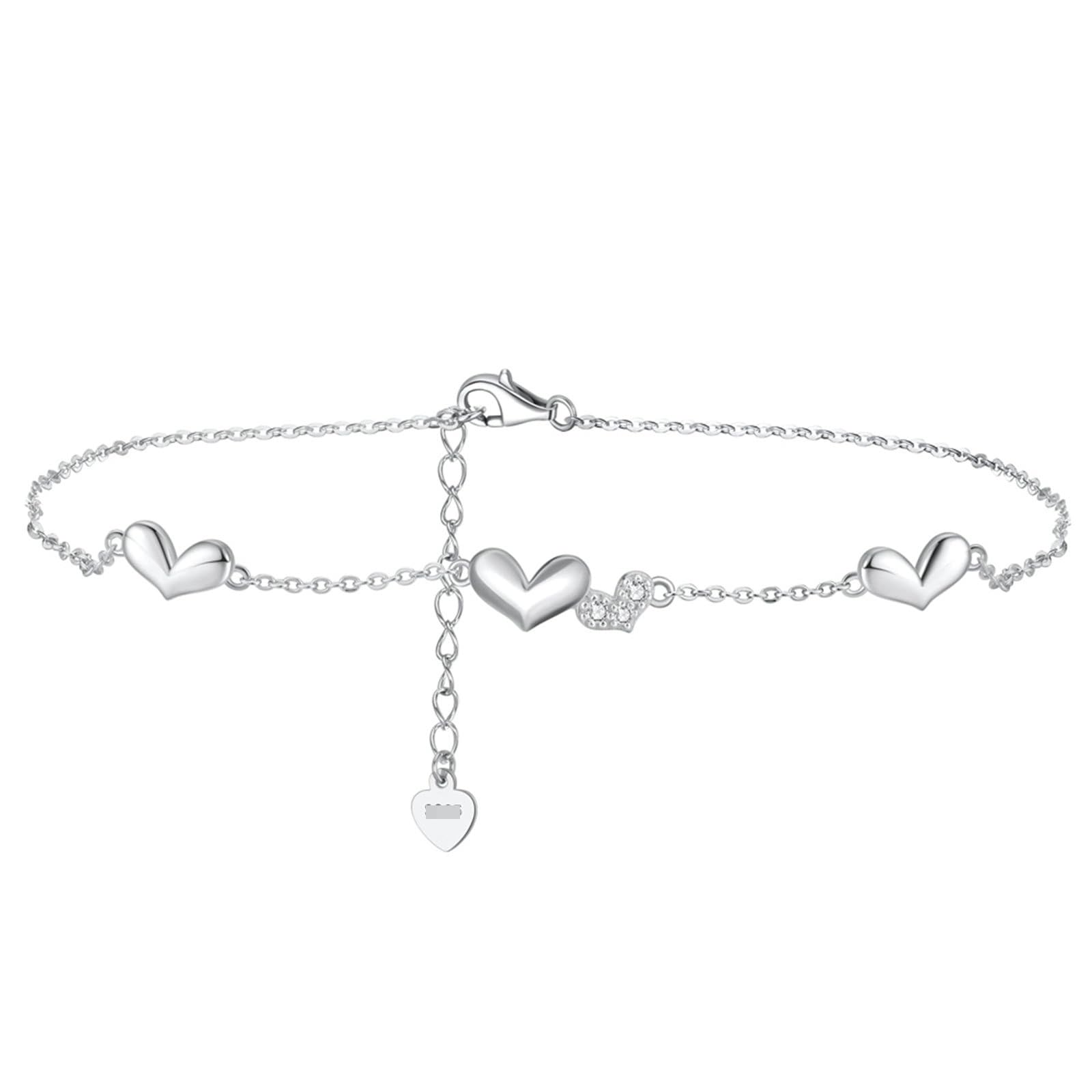 Tobillera de oro blanco Au585 de 14 quilates para mujer, oro 585 con corazón, tobilleras de verano, vacaciones para mujeres y niñas