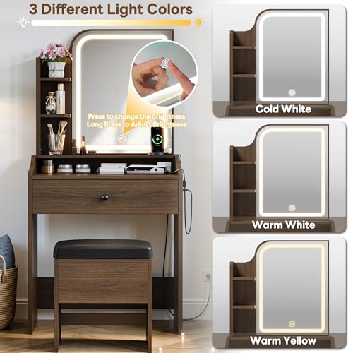 Image of LIKIMIO Small Vanity Desk with Mirror Lights and Storage Stool | Walnut compact vanity with 3 light modes, charging station, storage drawer, 3 shelves and upholstered stool