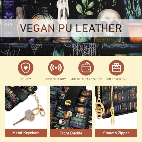 Image of Jogjam Bookshelf and Skull Goth Gothic Skeleton Rfid Women Wallet, Small Slim Thin Compact Travel Credit Card Wallet, PU Leather Bifold Cash Wallet, Zipper Coin Pocket ID Window, Female Ladies Gifts