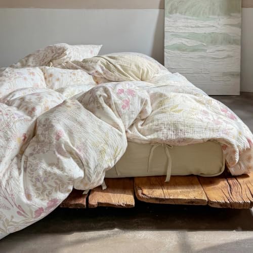 Image of VM VOUGEMARKET Cottagecore Wildflower Duvet Cover Set Twin,Luxury Crinkled Double Layer Cotton Bedding Bedding Set,Lightweight Breathable Floral Comforter Cover for Girls Women