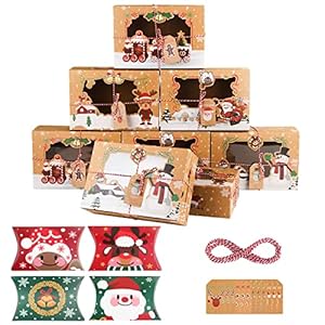ICYEHAO Lot de 24 Boîtes Cadeau Noël en Papier Kraft avec Fenêtre,Boite Gateau Noel, Boite macarons, 2 tailles différentes,Sac pour emballage cadeau, bonbons, chocolats, biscuits, aliments Décoration