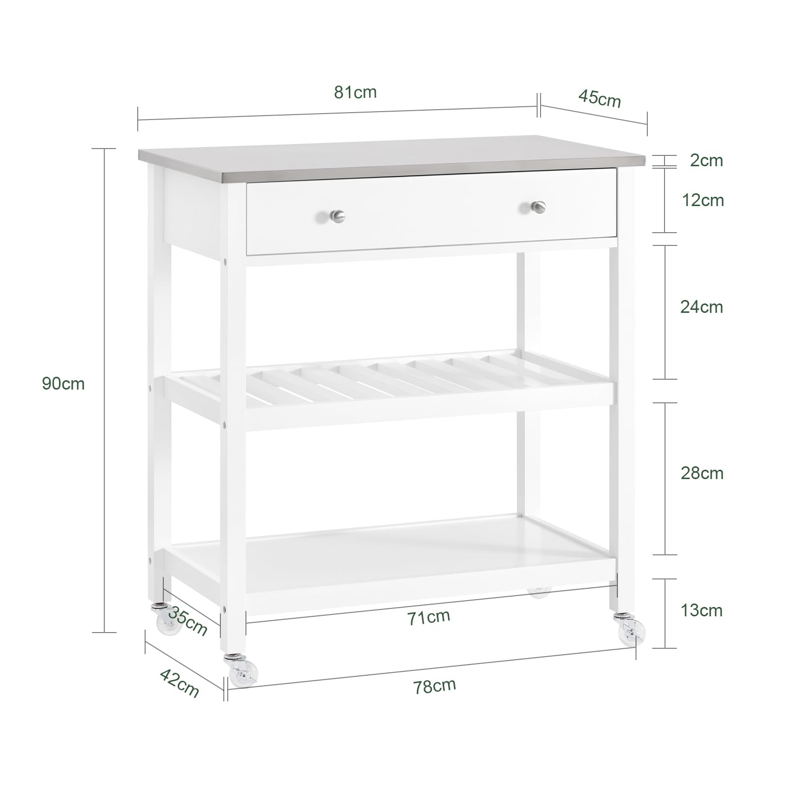 SoBuy Carrito de Cocina con Ruedas – Mesa Auxiliar con Encimera de Acero Inoxidable y Estantes Abiertos, Carrito de Servicio para Cocina, Hogar u Exterior, Blanco, 81x90x45cm FKW47-II-W