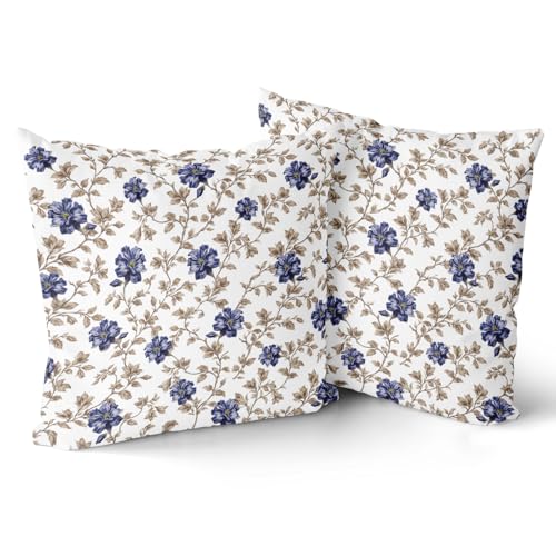 Giwawa Blue Brown Floral Pillow Covers 18x18 Inch Set of 2 Vintage Navy Blue and Tan Flower Throw Pillowcases Decorative Farmhouse Cushion Covers Spring Summer Rustic Sofa Couch Bed Decor