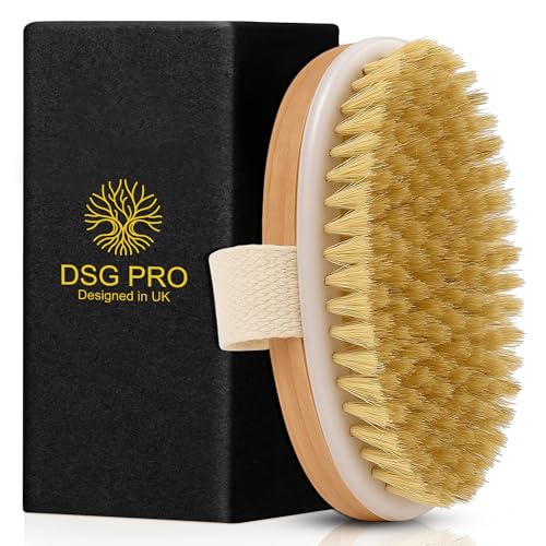 DSG PRO Dry Body Brush – Natural Boar Bristle & Grass Wood Exfoliating Body Brush – Compact, Hand-Friendly Design for Smooth, Glowing Skin
