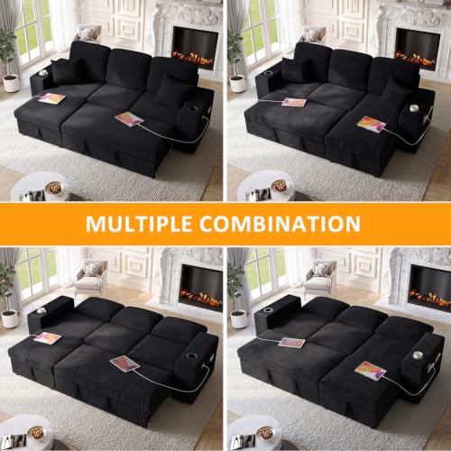 Image of 90 Inch Modular Sectional Sleeper Sofa Bed, 4 in 1 Pull Out Couch Bed with Reclining Backrest | Reversible Storage Chaise | Wide Armrest | Tool Free Assembly, Chenille Fabric, Corduroy Black