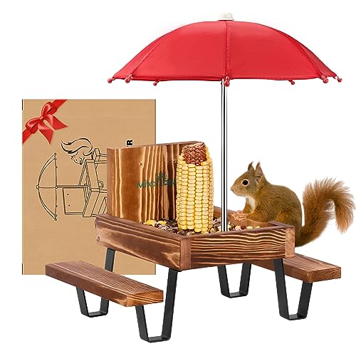 MIXXIDEA Squirrel Feeder Table Wooden Squirrel Picnic tbale Feeder Sturdy Squirrel Feeders for Outside with Solid Structure Chipmunk Feeder with Corn Cob Holder